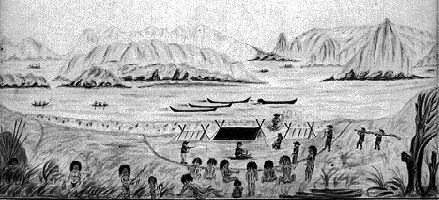 [Woollya Cove with Indians and camp]